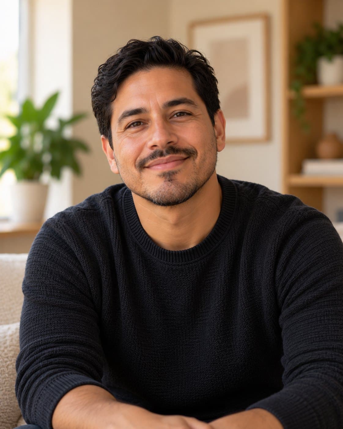 Man with dark hair and a beard in a navy sweater, smiling at home