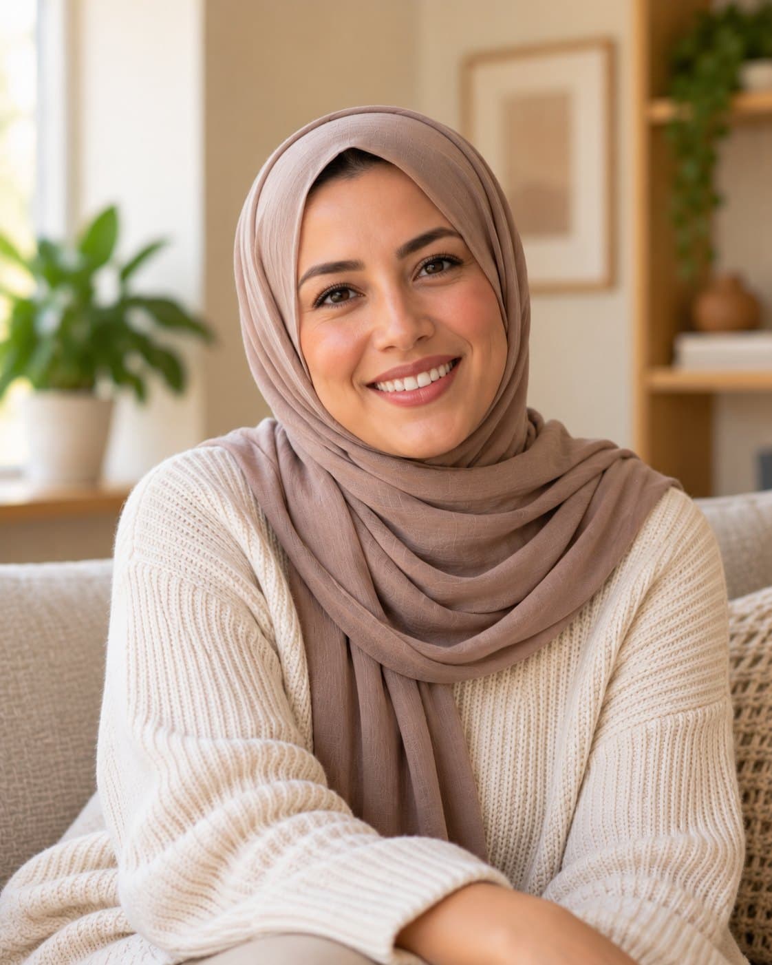 Woman in a headscarf sitting in a bright living room, smiling