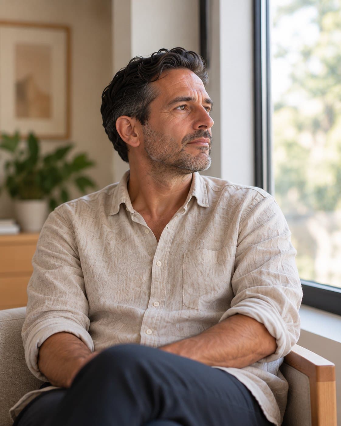 Man in a linen shirt sitting quietly by a large window